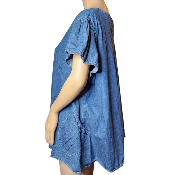 Quizz Woman Trends chambray short sleeve top. Pockets. Mother of pearl. Size 20. - Picture 12 of 16